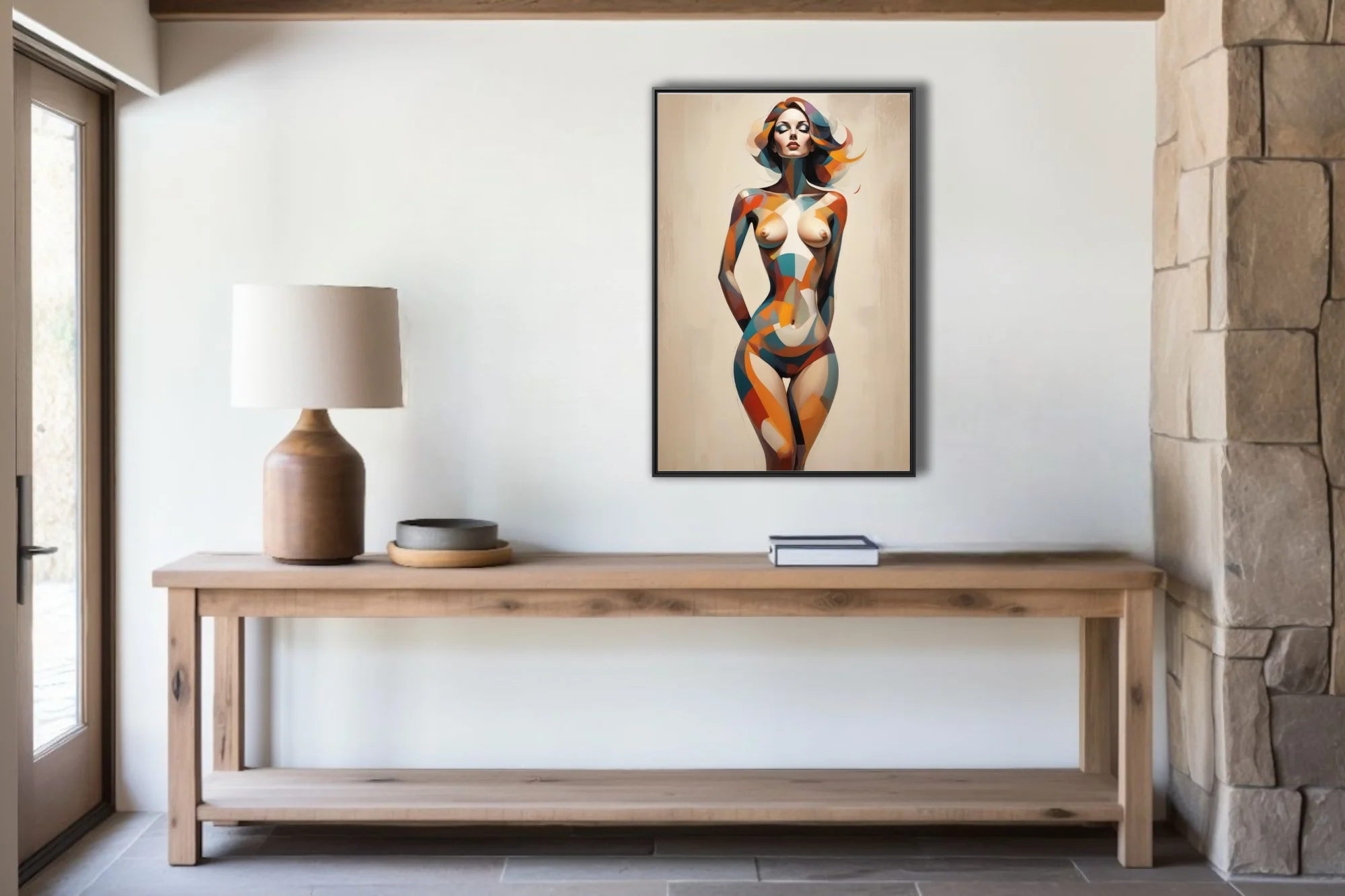 Abstract nude figure in geometric teal orange and terracotta tones