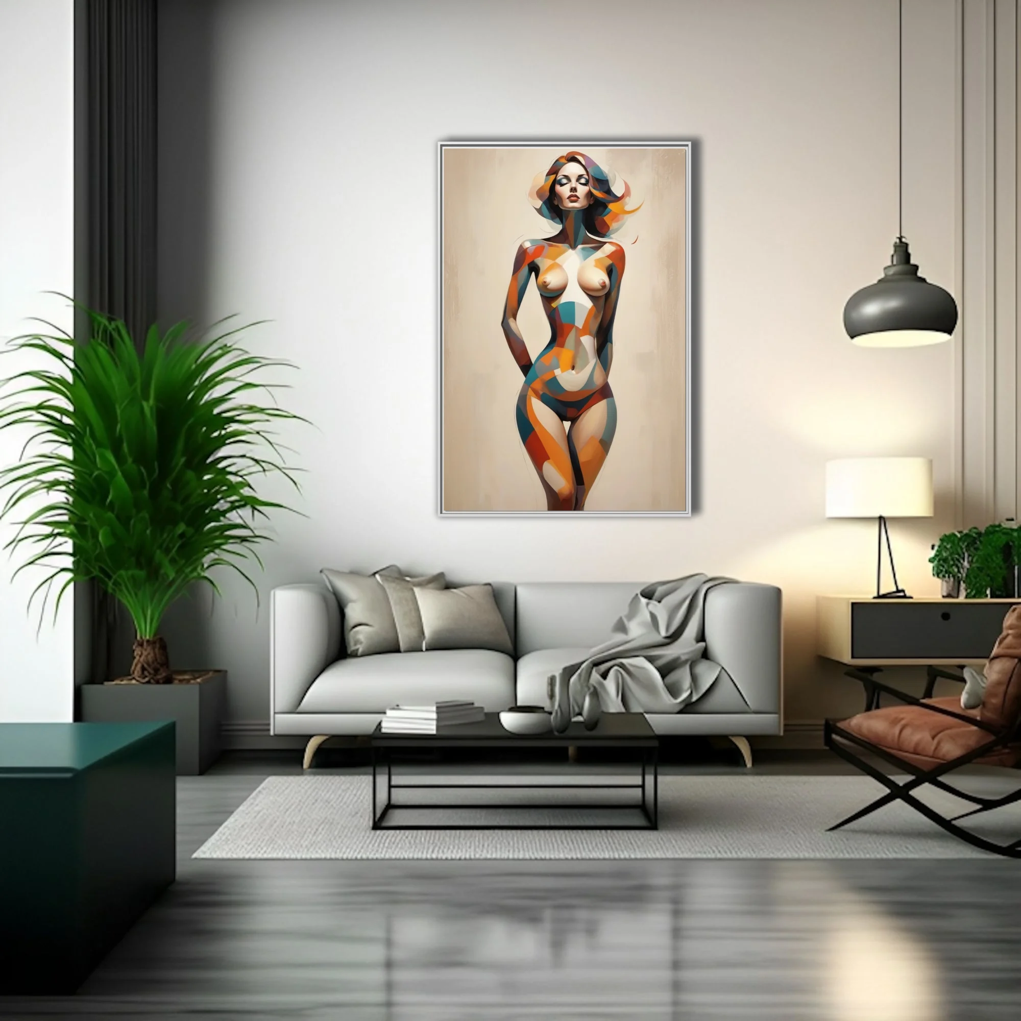 Abstract nude figure in geometric teal orange and terracotta tones