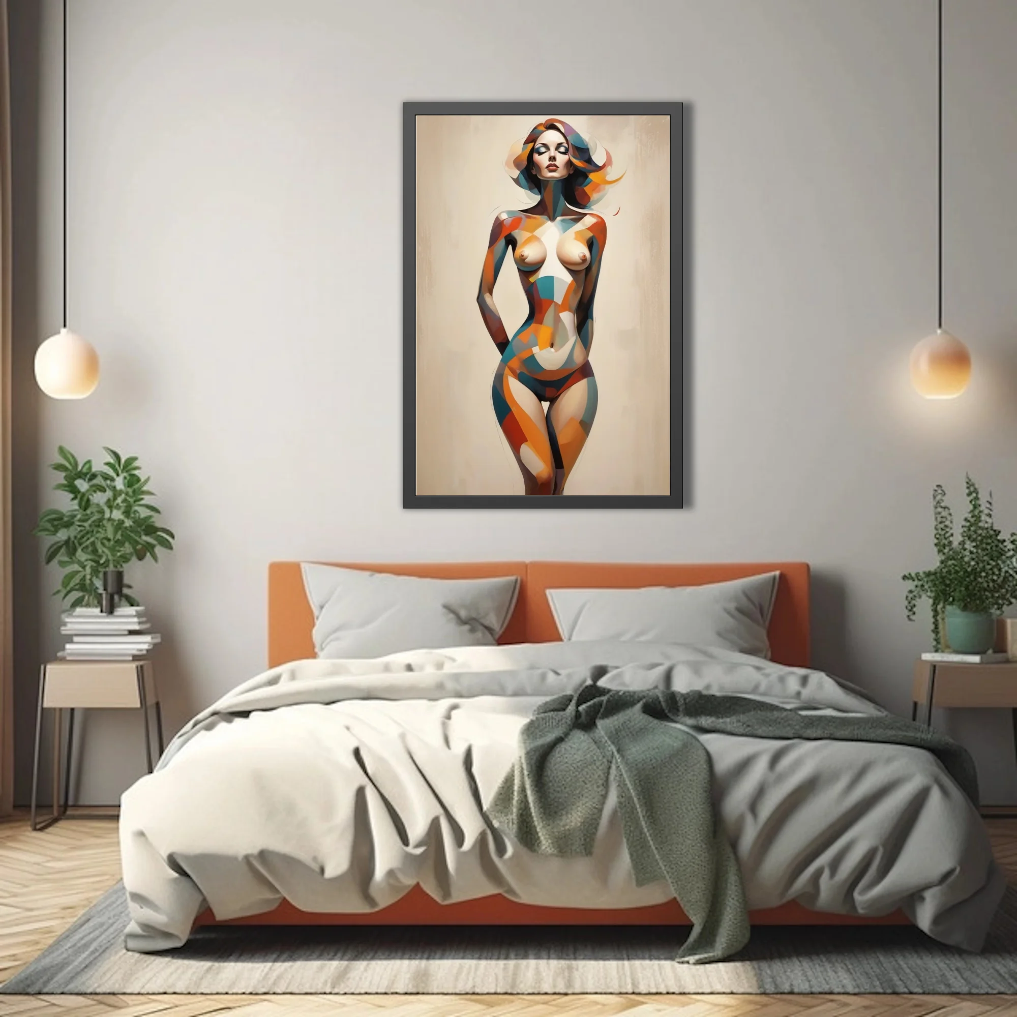 Abstract nude figure in geometric teal orange and terracotta tones