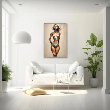 Abstract nude figure in geometric teal orange and terracotta tones