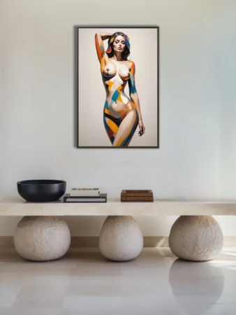 Geometric body-art figure study, bold teal amber orange planes on nude form