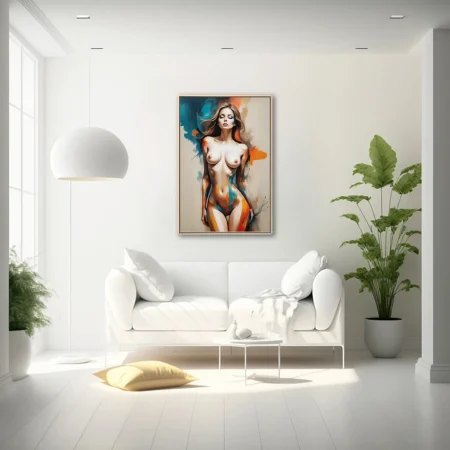 Contemporary nude figure study with teal and orange gestural strokes, painterly modern art print