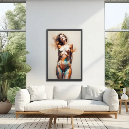 Abstract nude figure study with orange and teal strokes, painterly finish