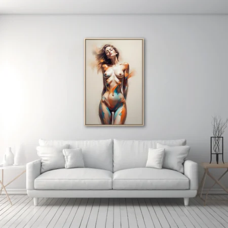 Abstract nude figure study with orange and teal strokes, painterly finish