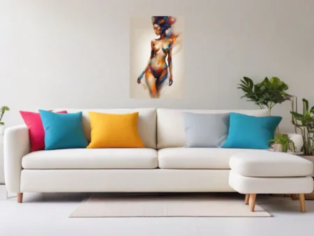Abstract nude figure study with colorful watercolor-style washes and geometric fragments