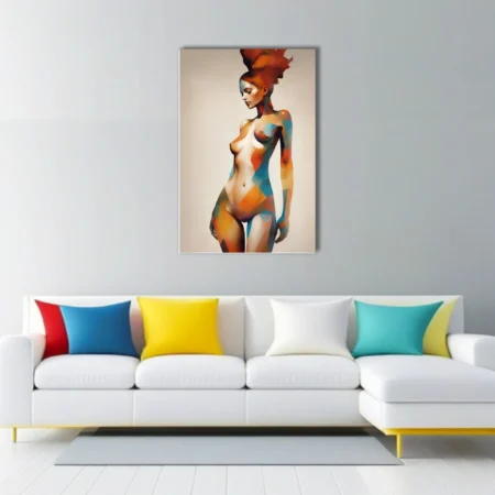 Abstract nude figure study with geometric color blocking in terracotta and teal tones