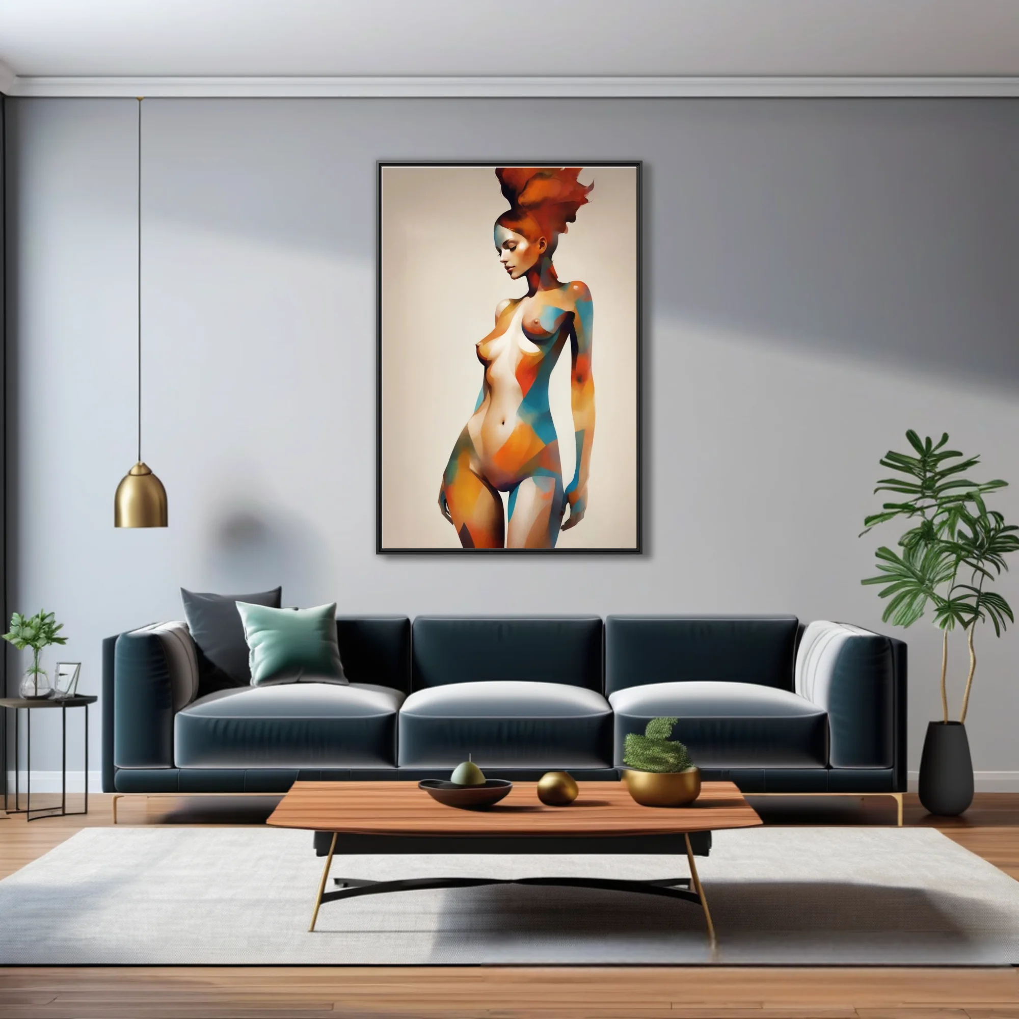 Abstract nude figure study with geometric color blocking in terracotta and teal tones