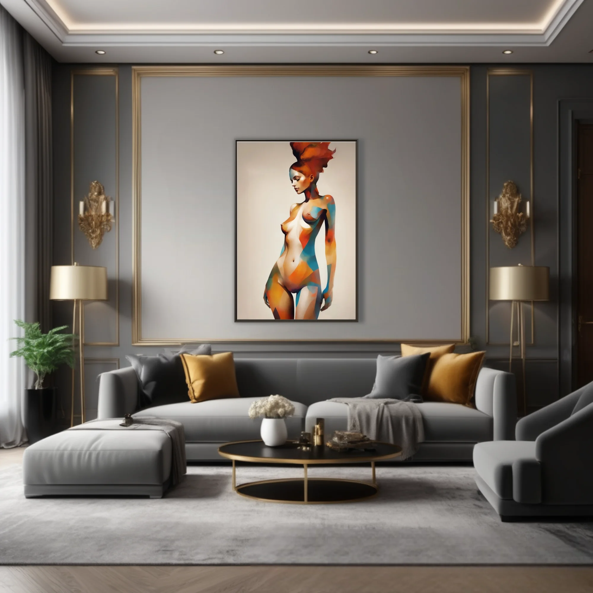 Abstract nude figure study with geometric color blocking in terracotta and teal tones