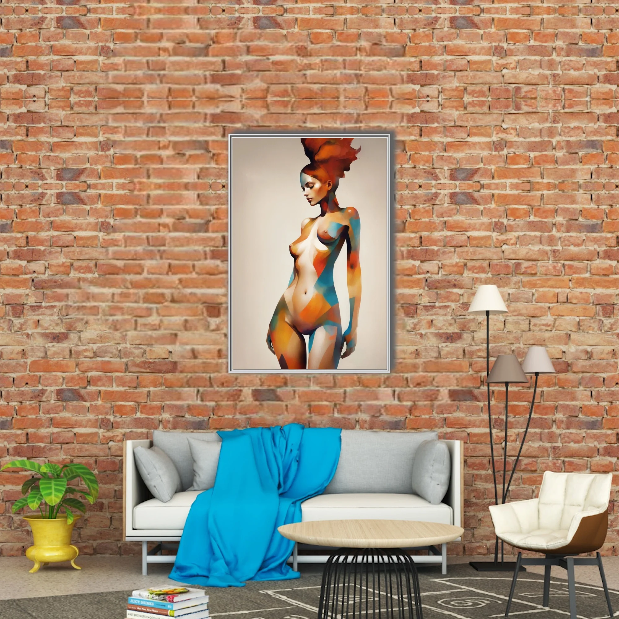 Abstract nude figure study with geometric color blocking in terracotta and teal tones