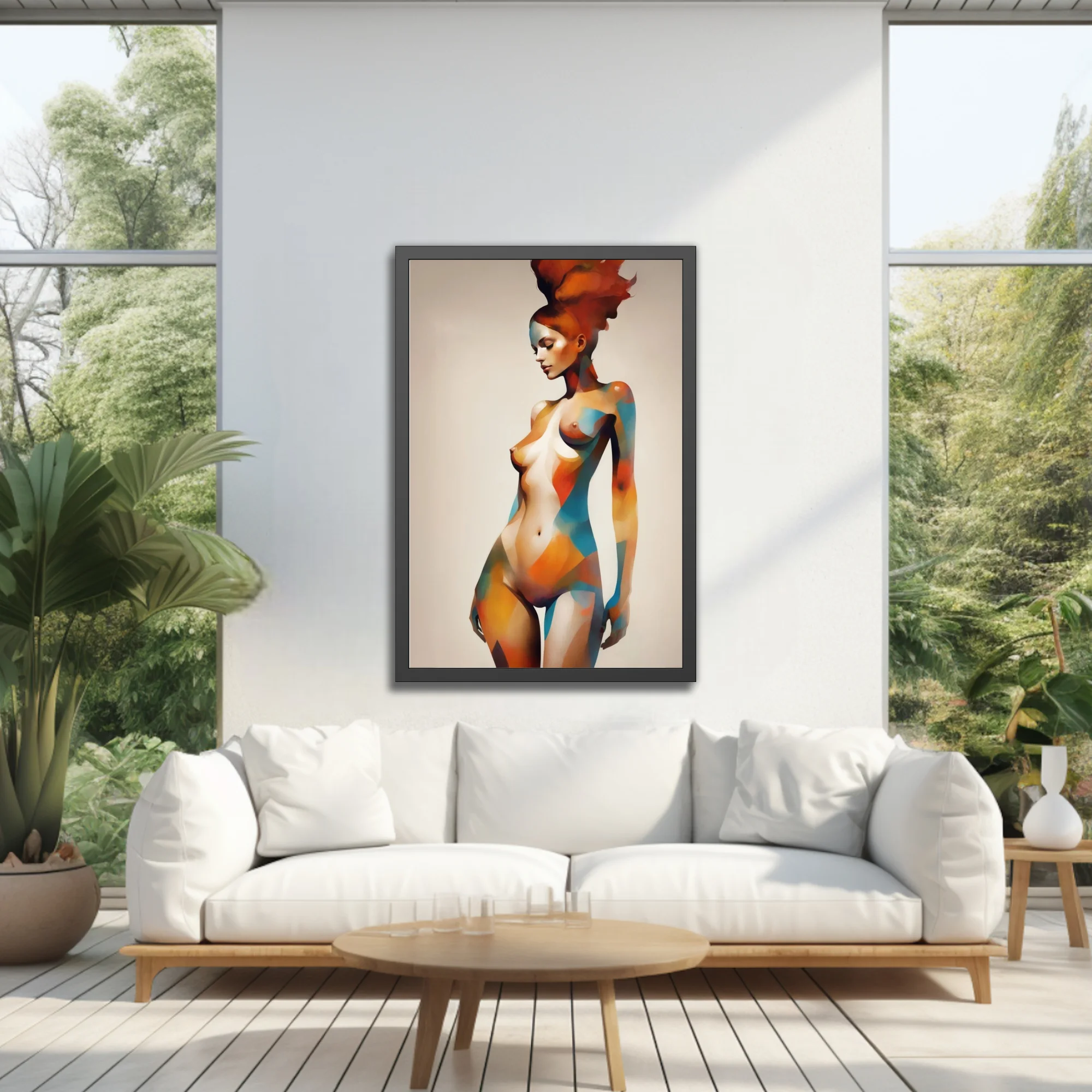 Abstract nude figure study with geometric color blocking in terracotta and teal tones