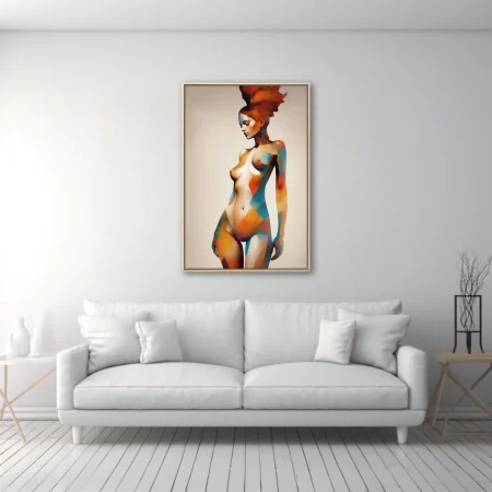 Abstract nude figure study with geometric color blocking in terracotta and teal tones