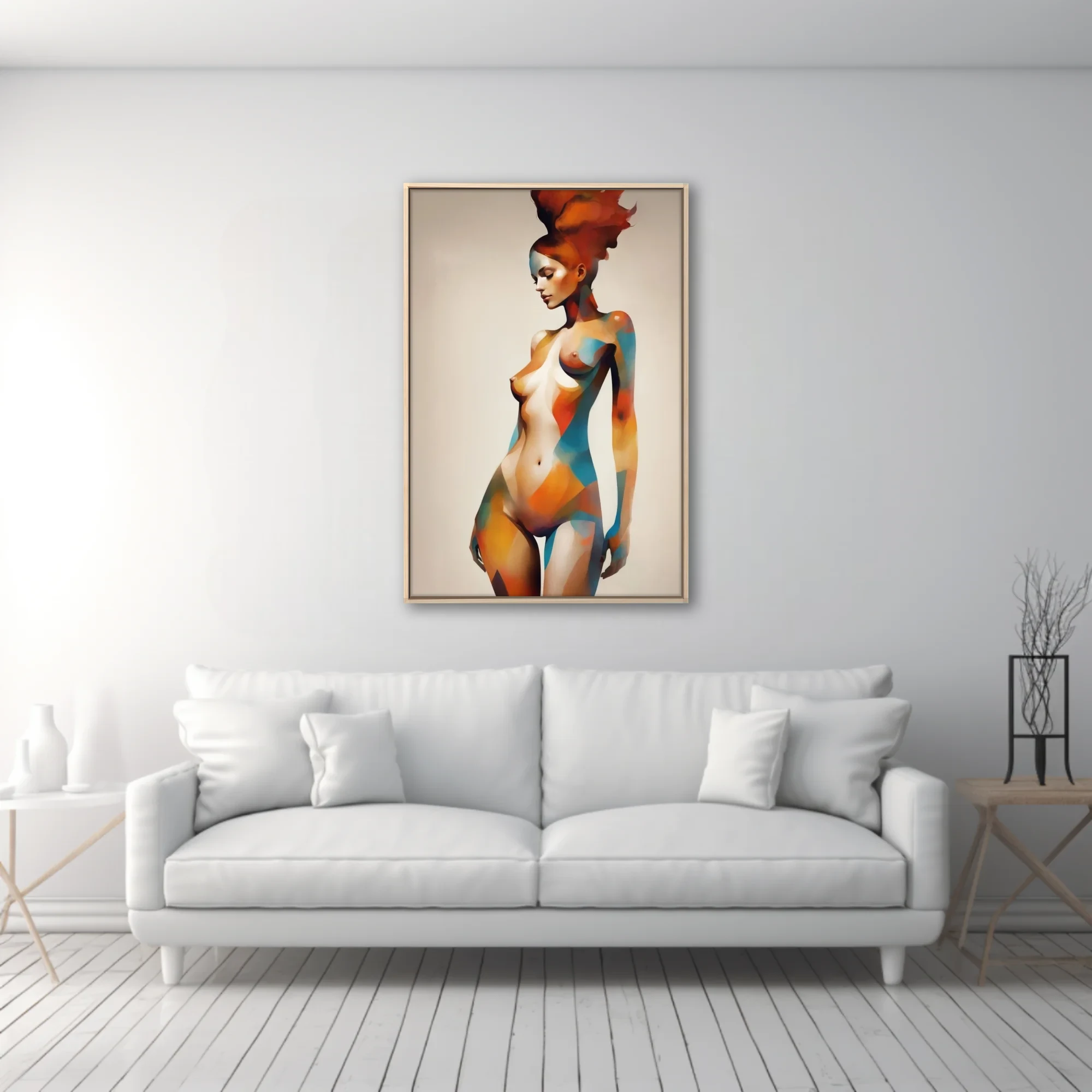 Abstract nude figure study with geometric color blocking in terracotta and teal tones