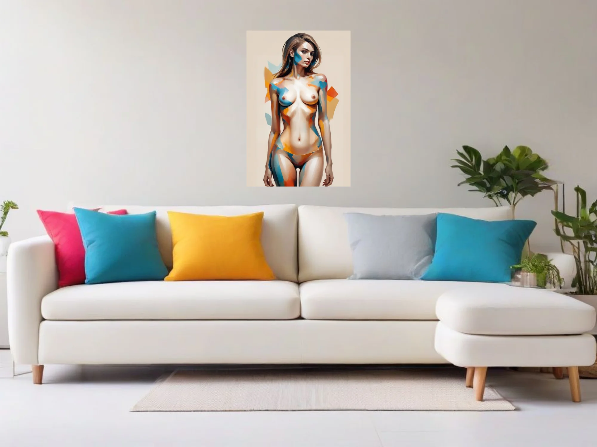 Semi-abstract nude figure study, geometric color-blocking in teal and amber, rendering