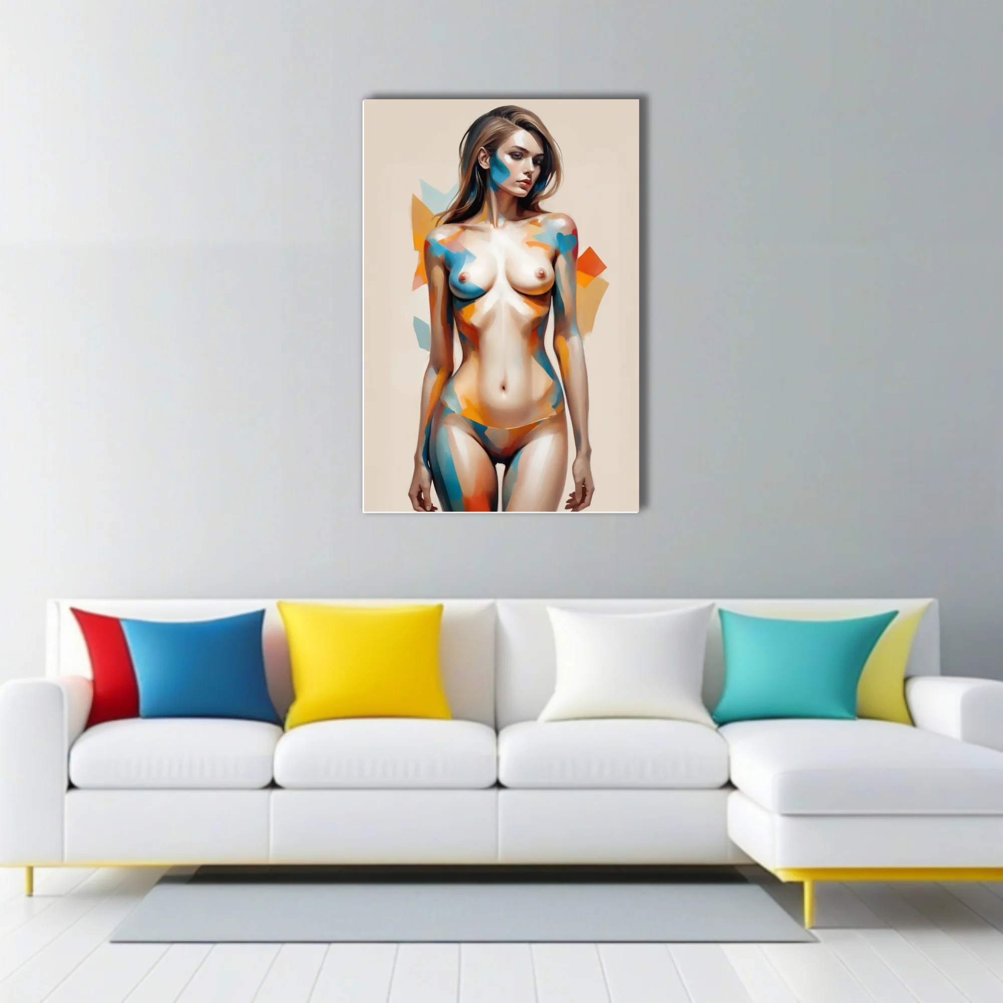 Semi-abstract nude figure study, geometric color-blocking in teal and amber, rendering