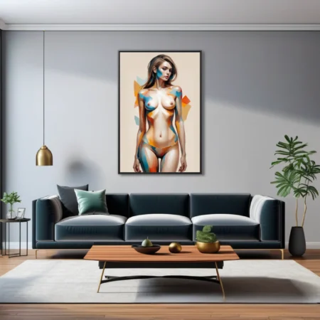 Semi-abstract nude figure study, geometric color-blocking in teal and amber, rendering