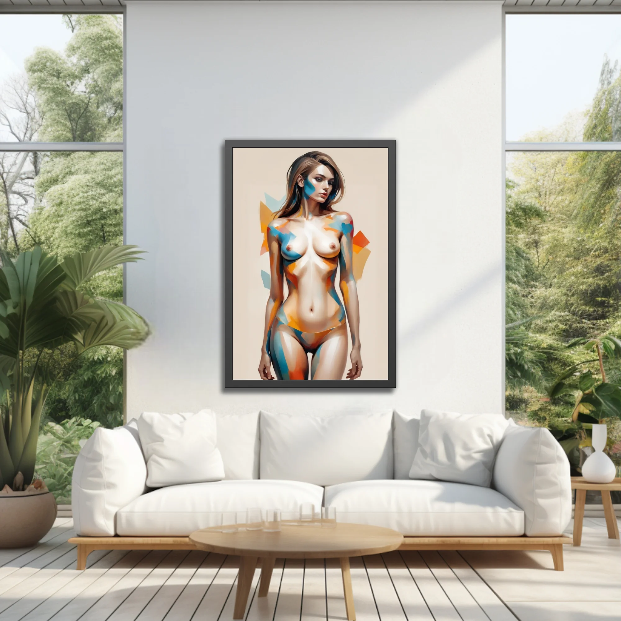 Semi-abstract nude figure study, geometric color-blocking in teal and amber, rendering