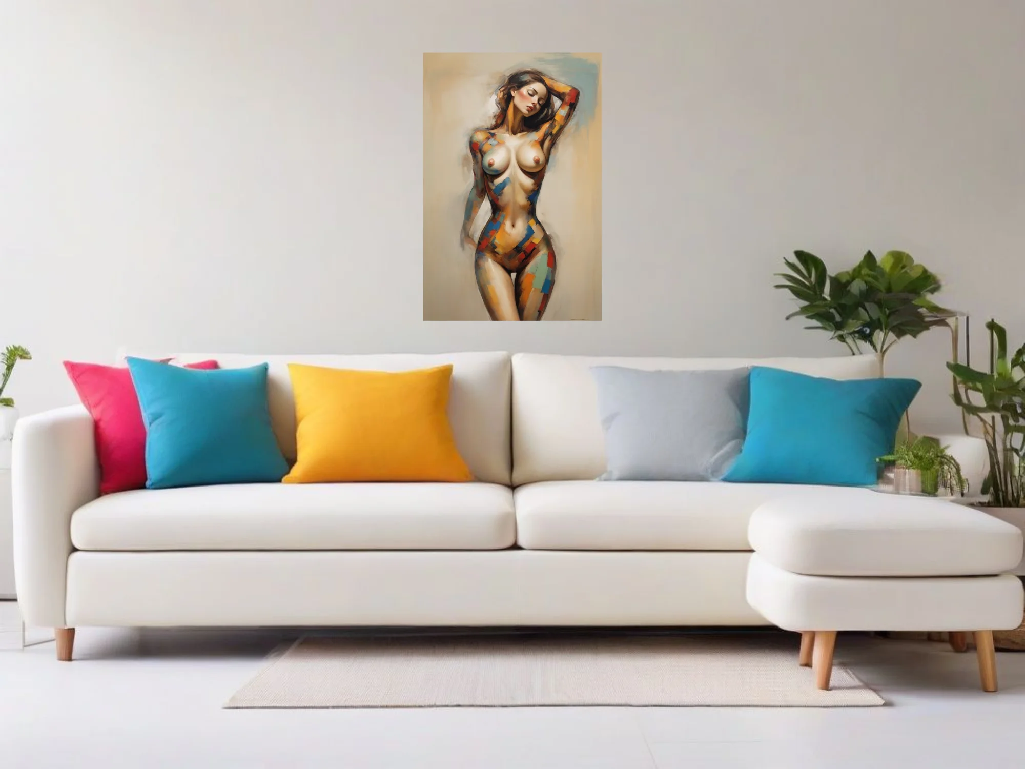 Expressive nude figure study with bold color-block accents on warm neutrals