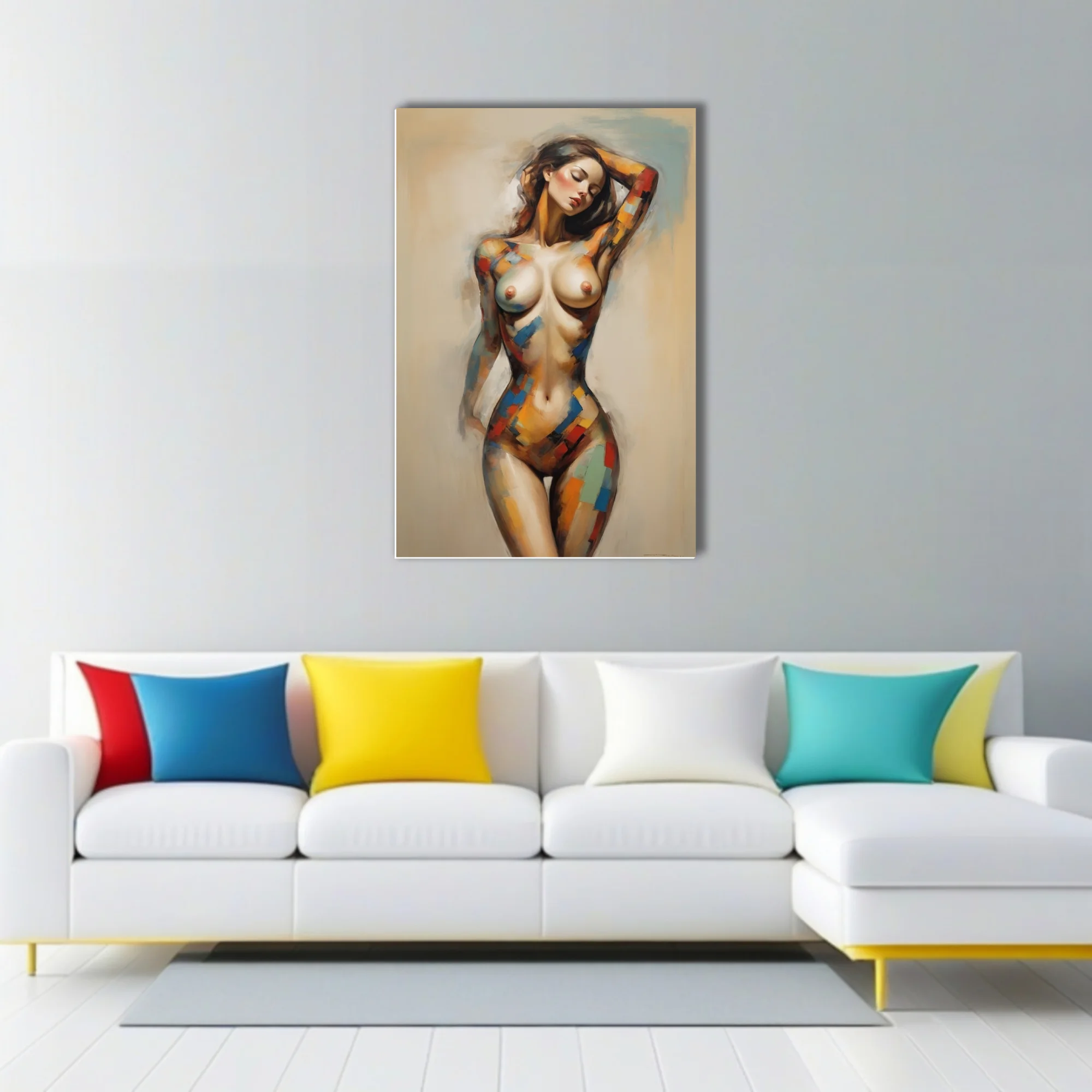 Expressive nude figure study with bold color-block accents on warm neutrals