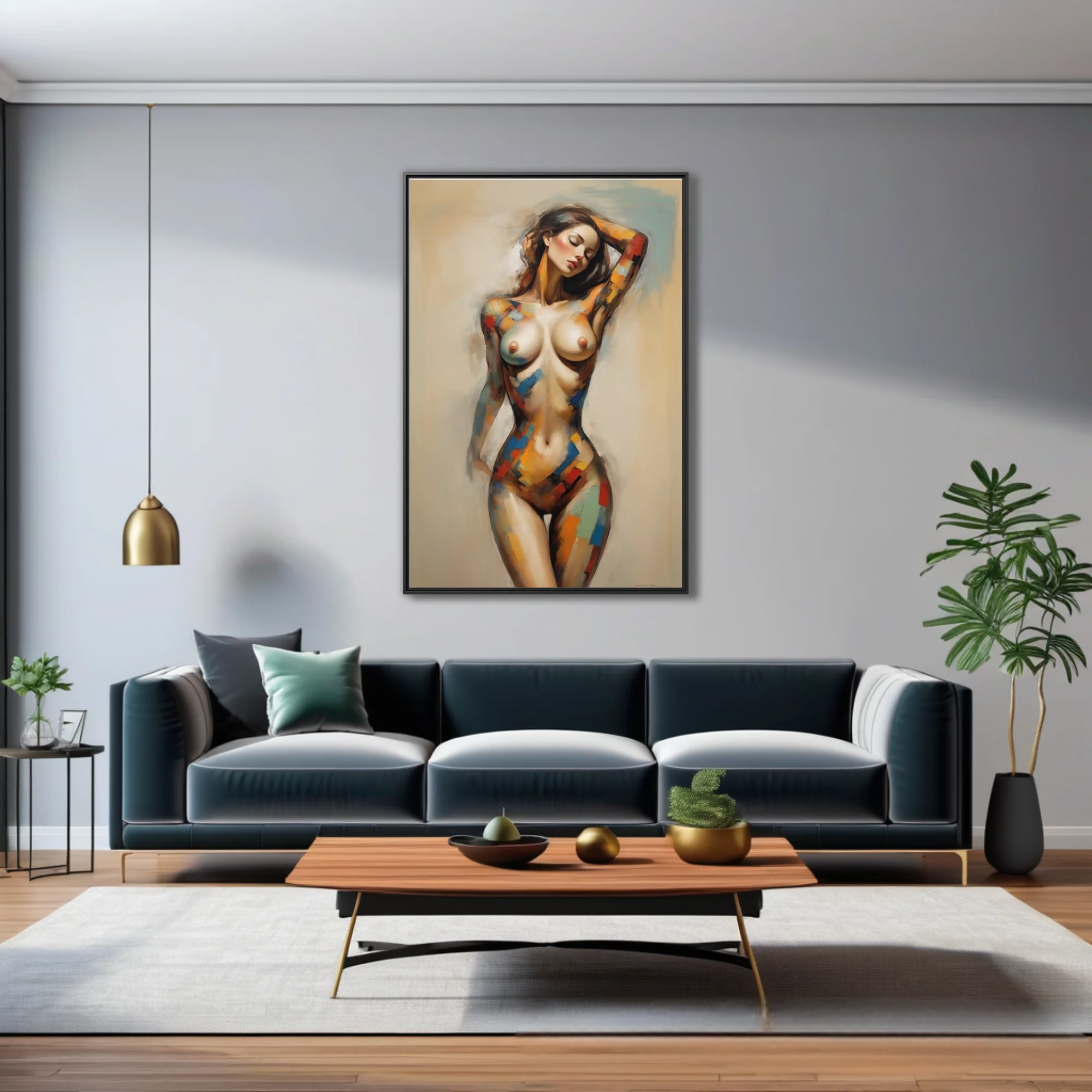 Expressive nude figure study with bold color-block accents on warm neutrals
