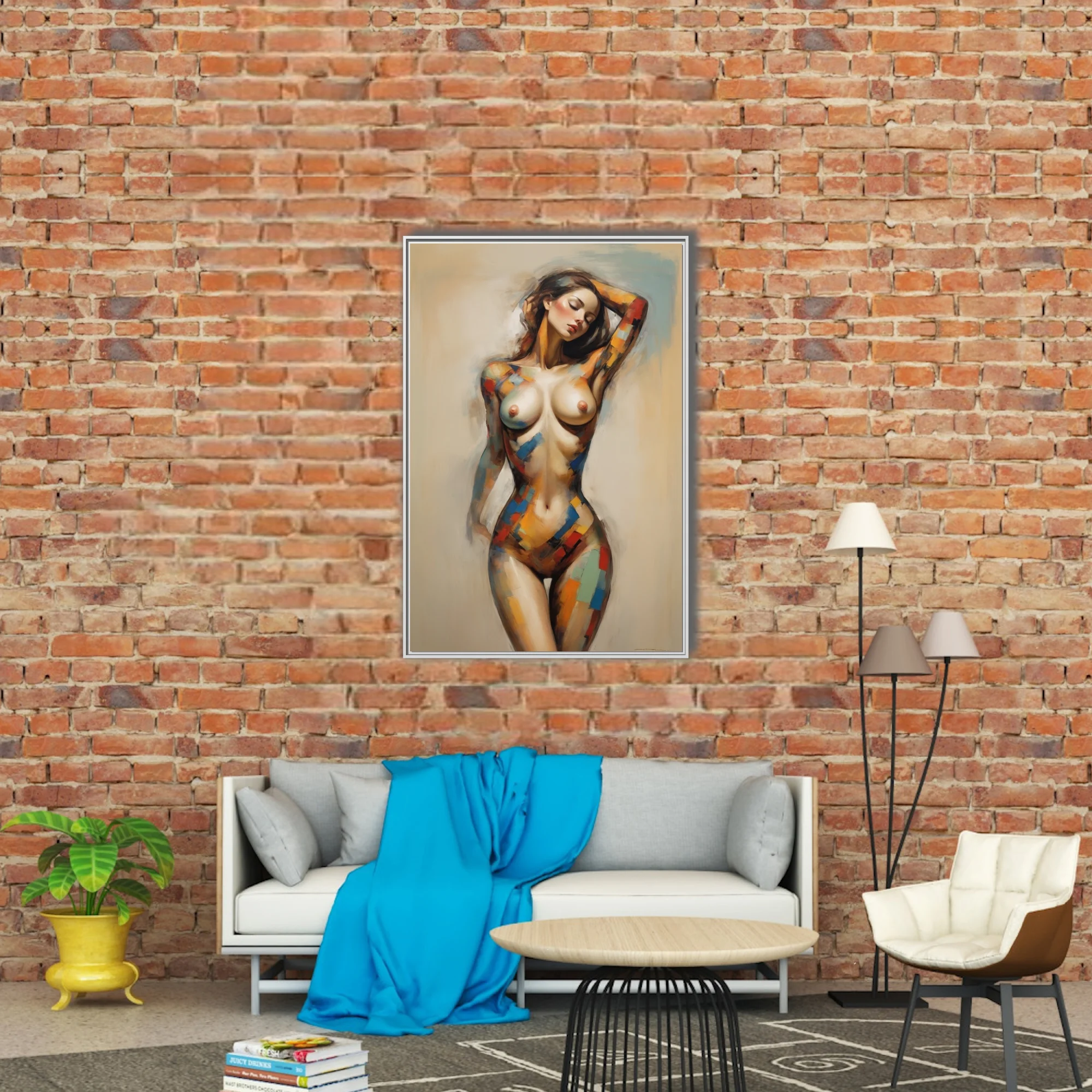 Expressive nude figure study with bold color-block accents on warm neutrals