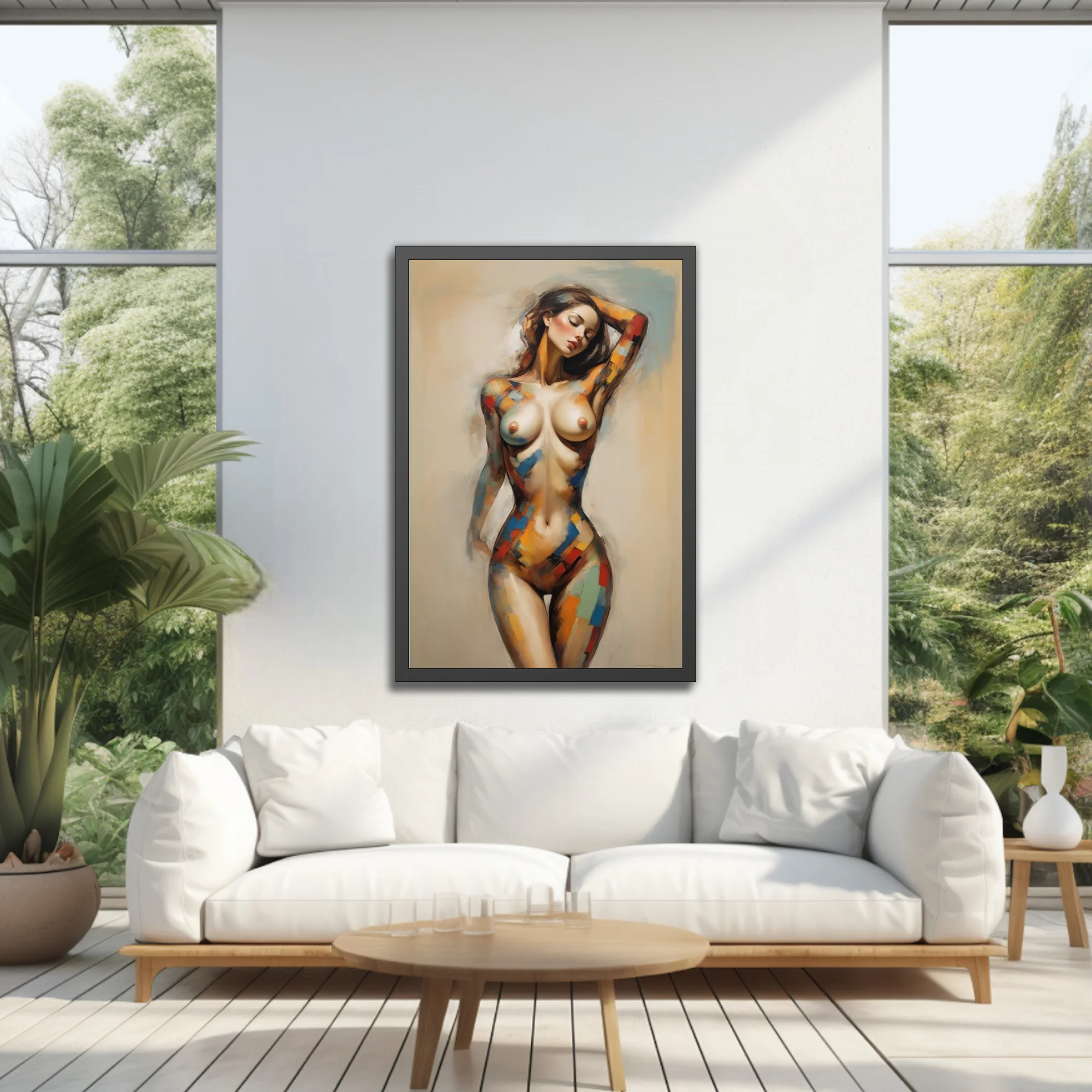 Expressive nude figure study with bold color-block accents on warm neutrals