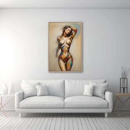 Expressive nude figure study with bold color-block accents on warm neutrals