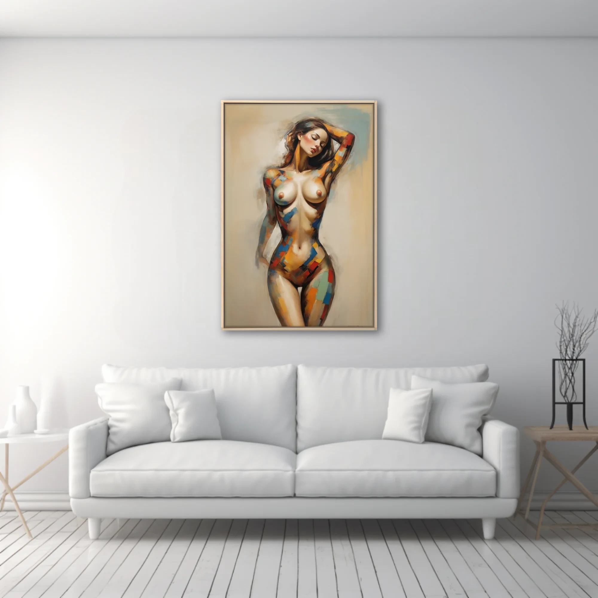 Expressive nude figure study with bold color-block accents on warm neutrals