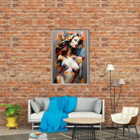 Abstract female nude with bold orange, blue, and black strokes, contemporary figure art