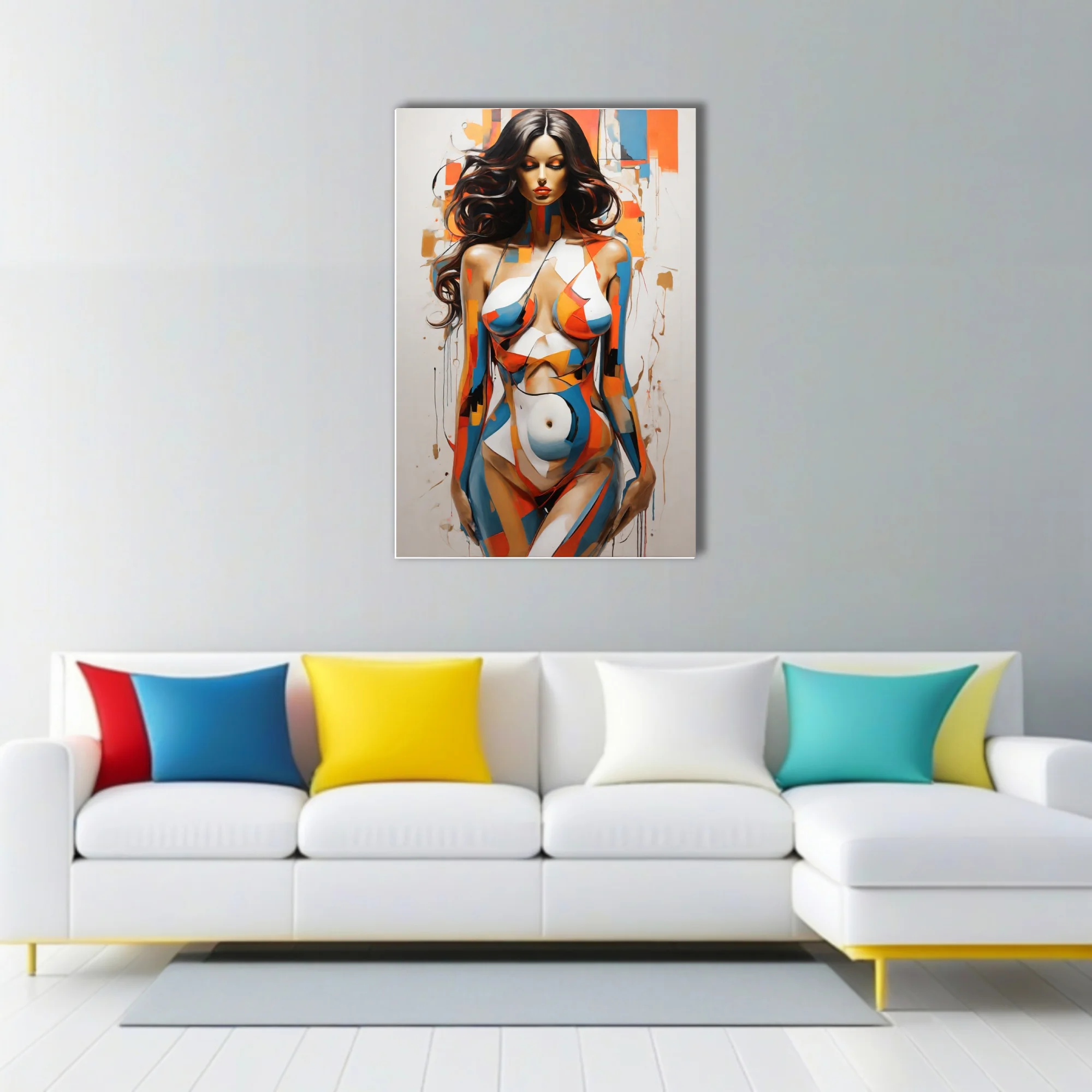 Bold contemporary nude figure study in orange, blue and ochre color-blocking with painterly drips