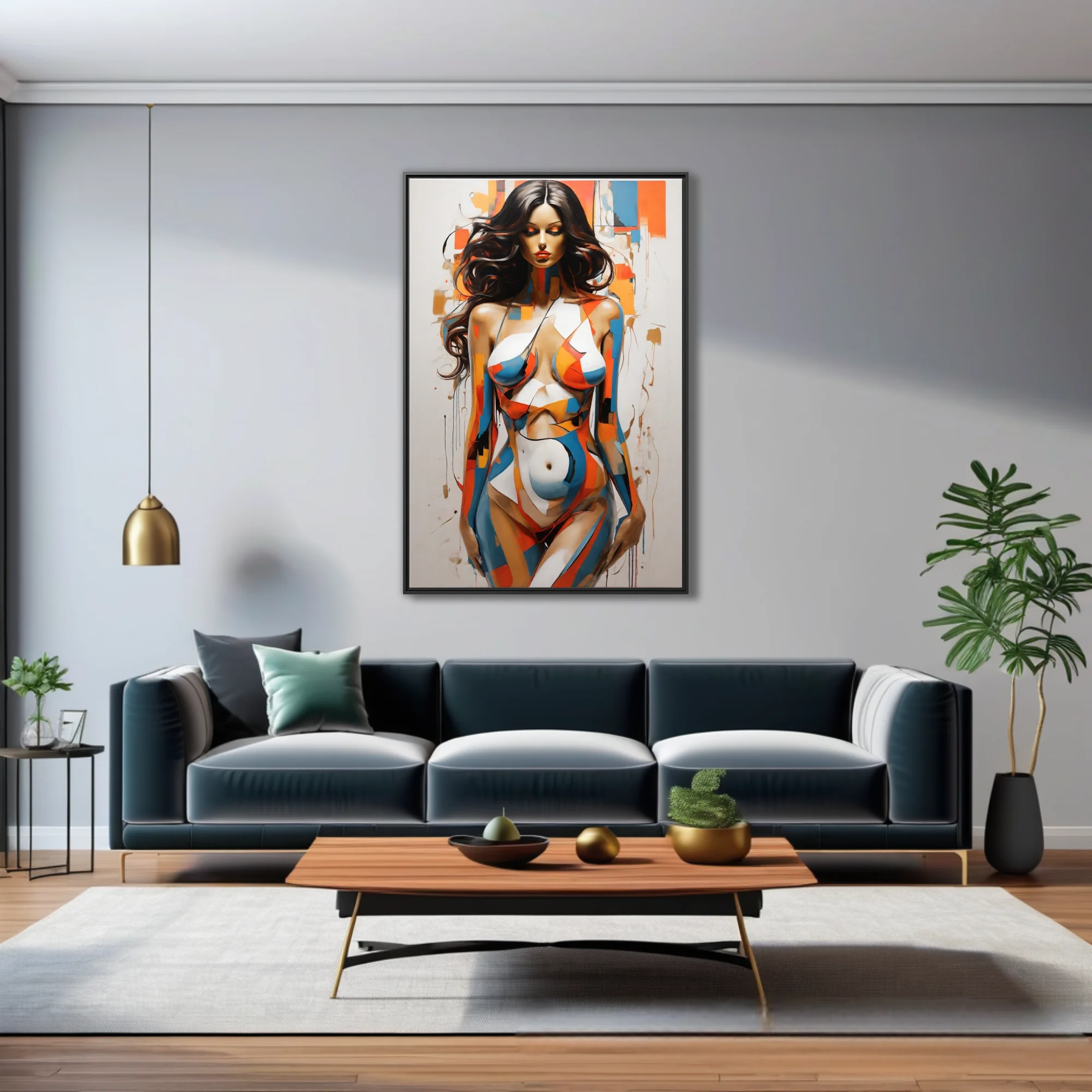 Bold contemporary nude figure study in orange, blue and ochre color-blocking with painterly drips