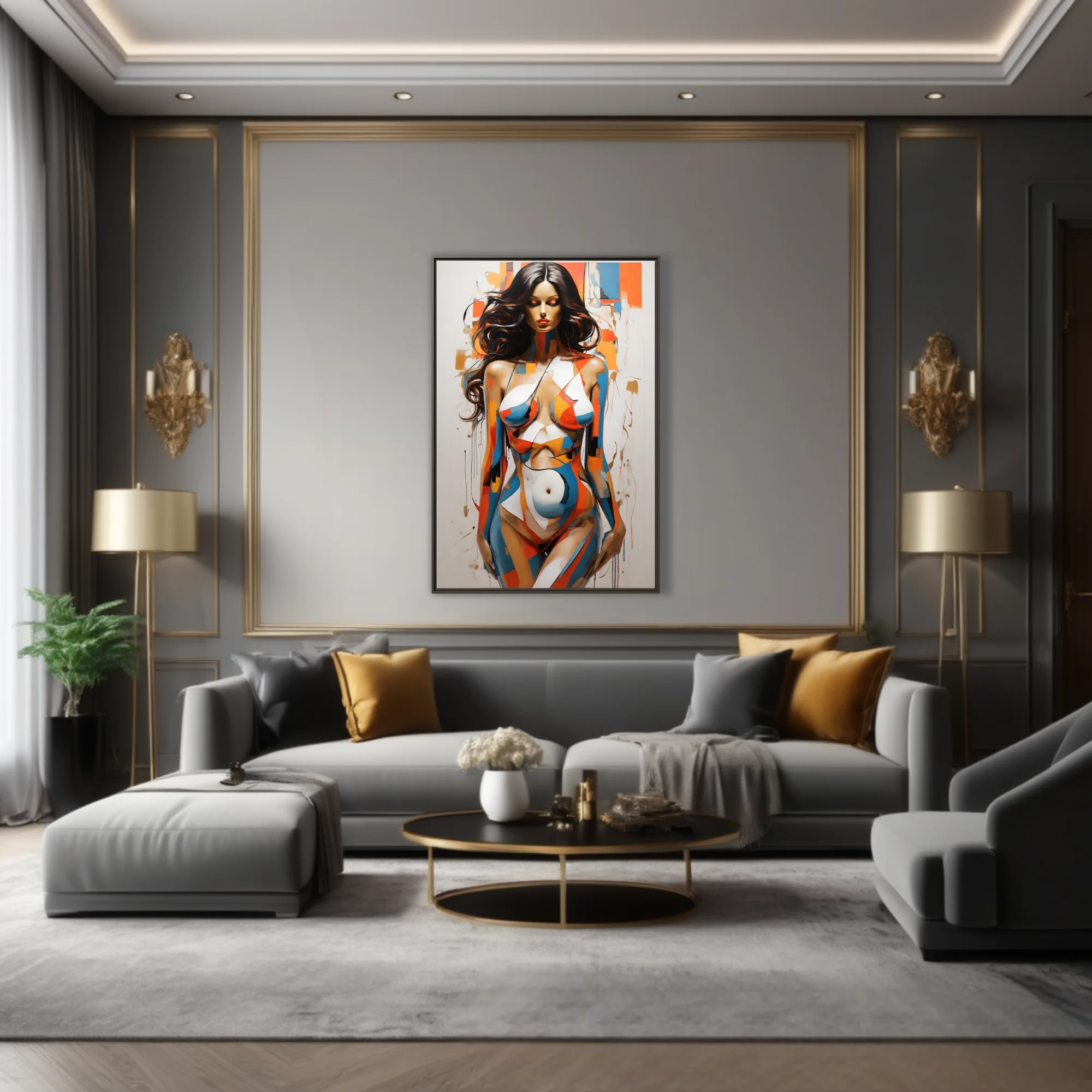 Bold contemporary nude figure study in orange, blue and ochre color-blocking with painterly drips