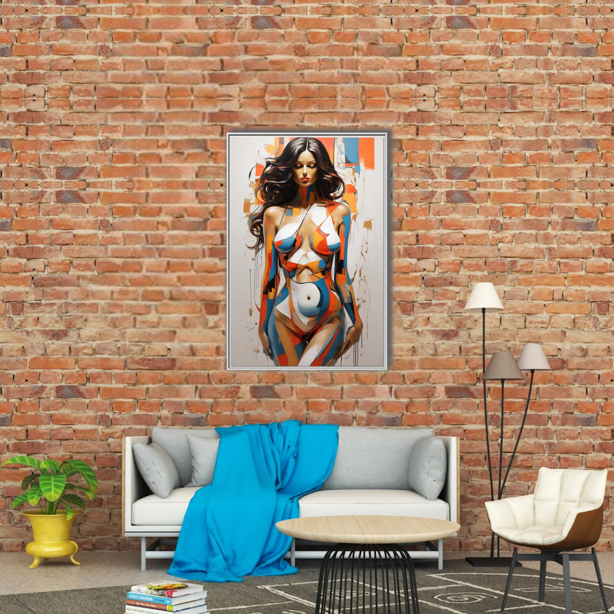 Bold contemporary nude figure study in orange, blue and ochre color-blocking with painterly drips