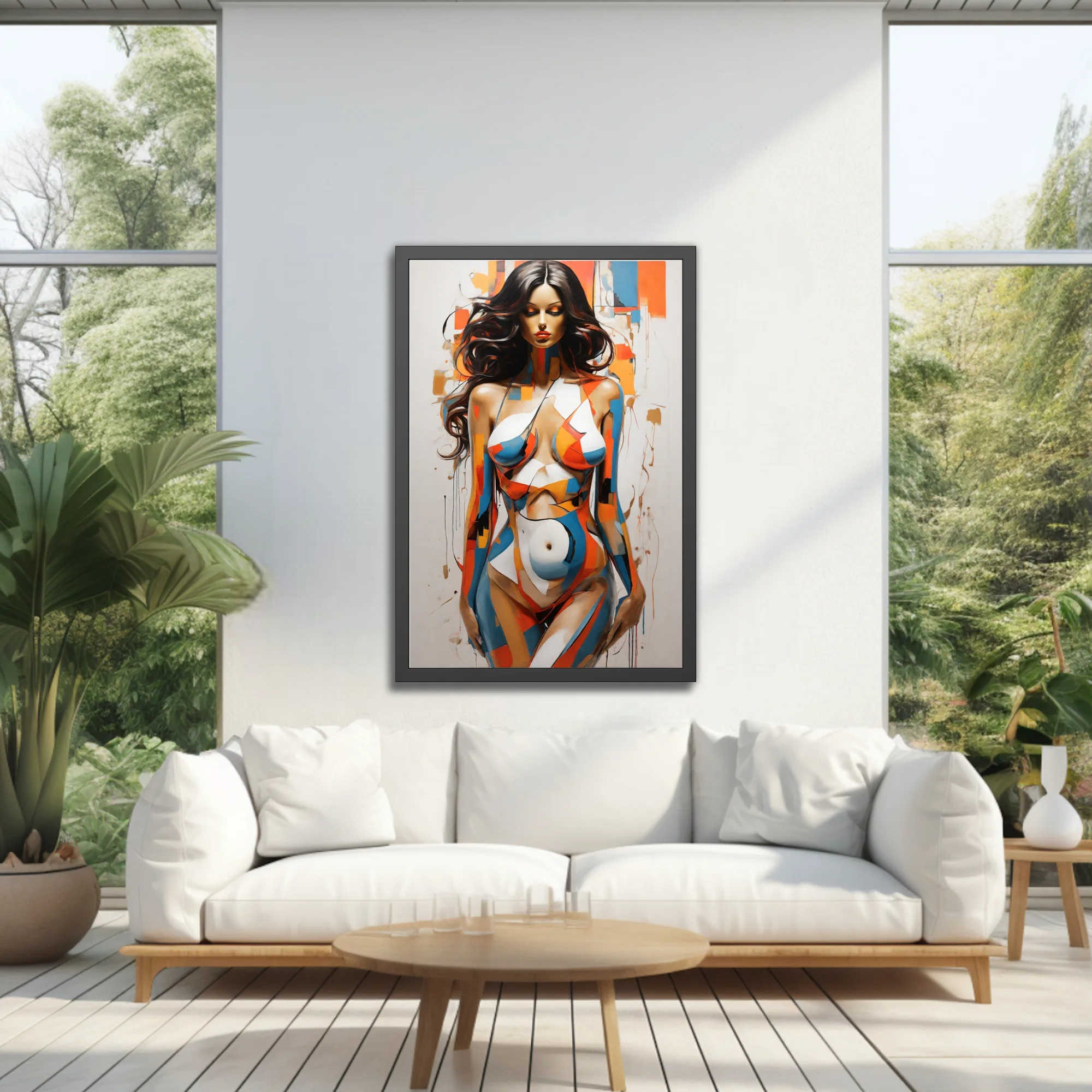 Bold contemporary nude figure study in orange, blue and ochre color-blocking with painterly drips