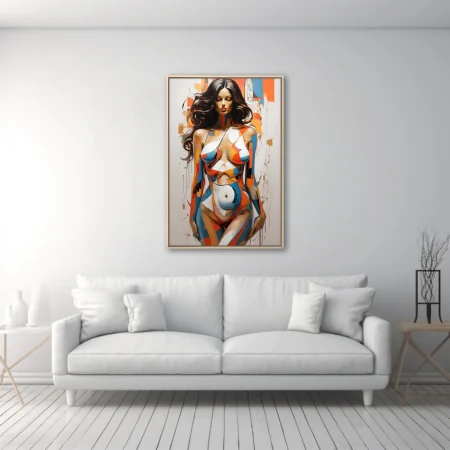 Bold contemporary nude figure study in orange, blue and ochre color-blocking with painterly drips