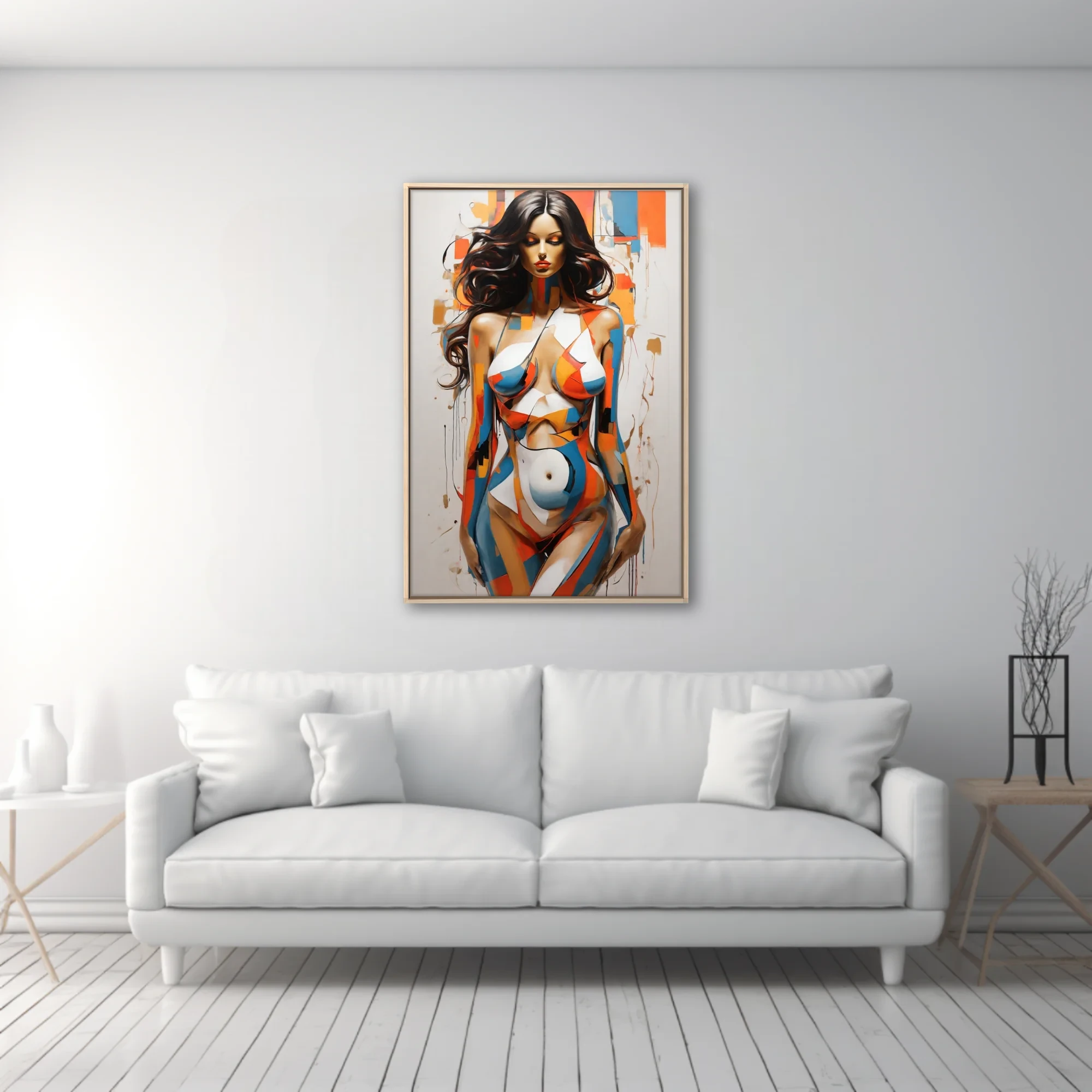 Bold contemporary nude figure study in orange, blue and ochre color-blocking with painterly drips