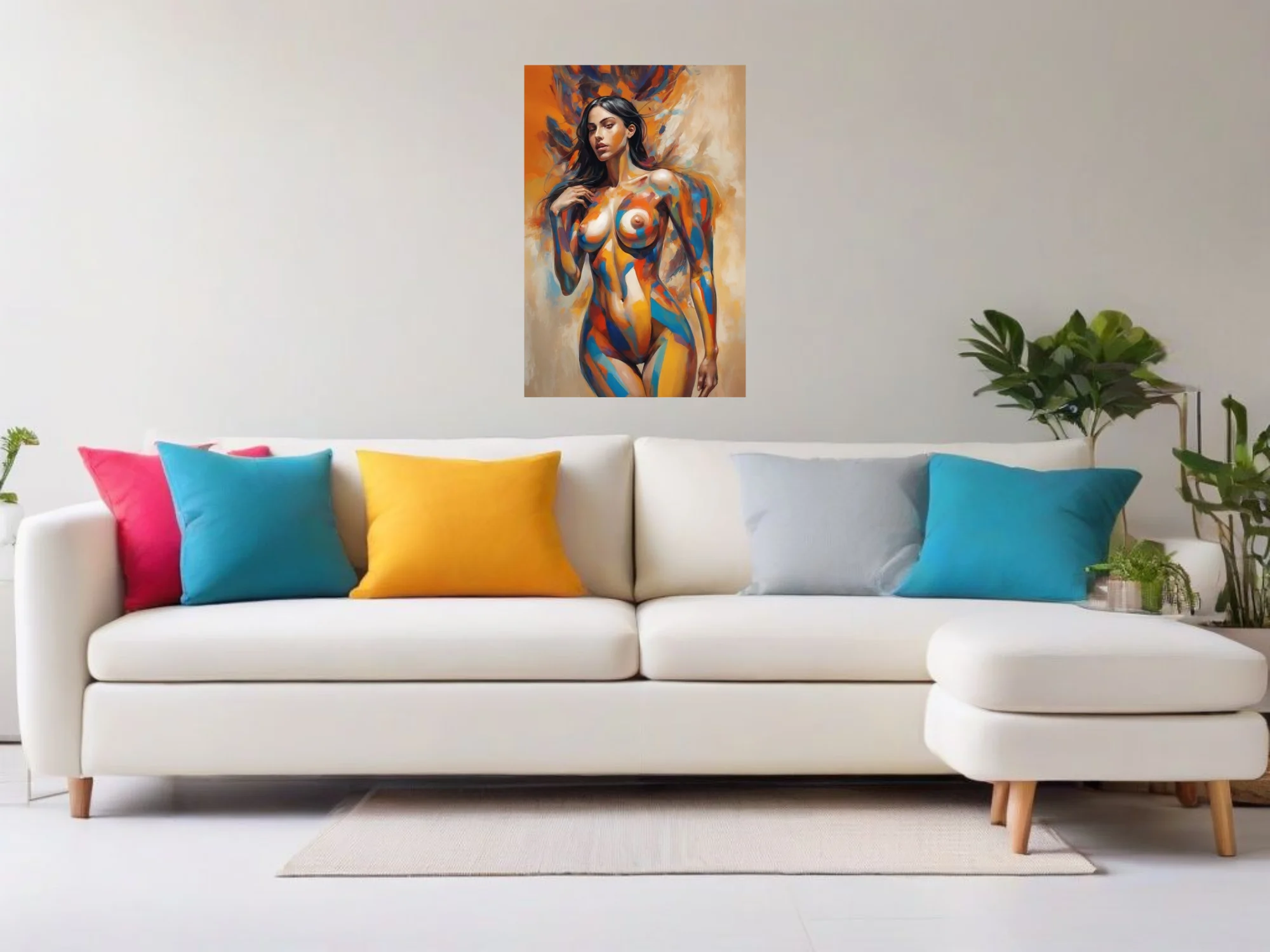 Expressive nude figure study in vivid orange, cobalt and ochre with bold painterly strokes
