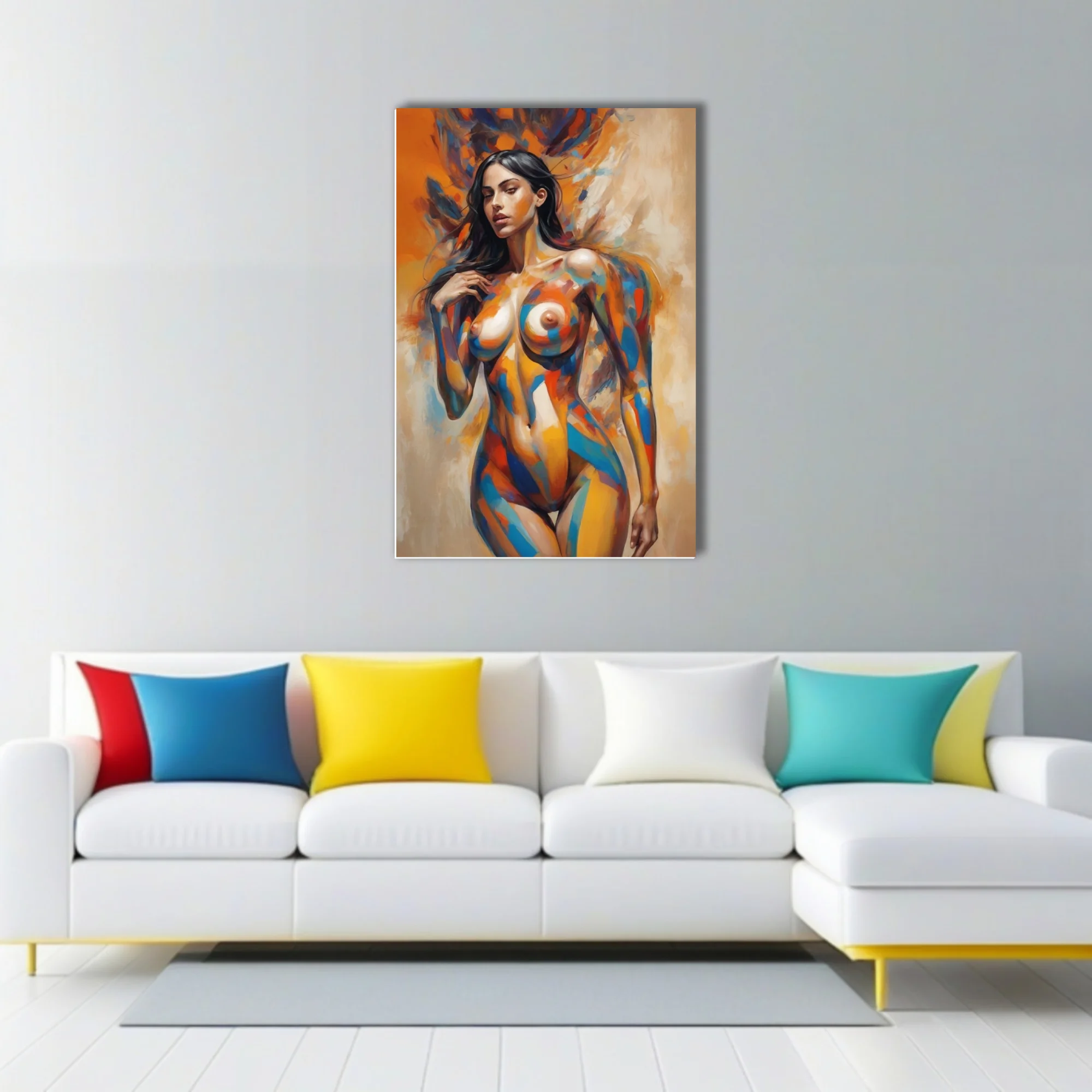Expressive nude figure study in vivid orange, cobalt and ochre with bold painterly strokes