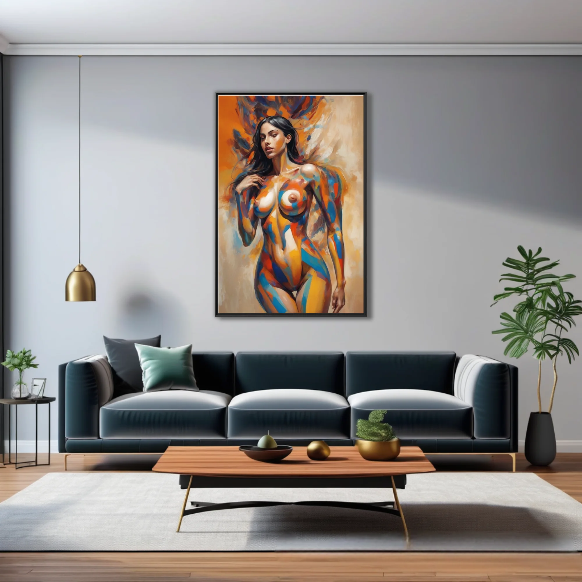 Expressive nude figure study in vivid orange, cobalt and ochre with bold painterly strokes