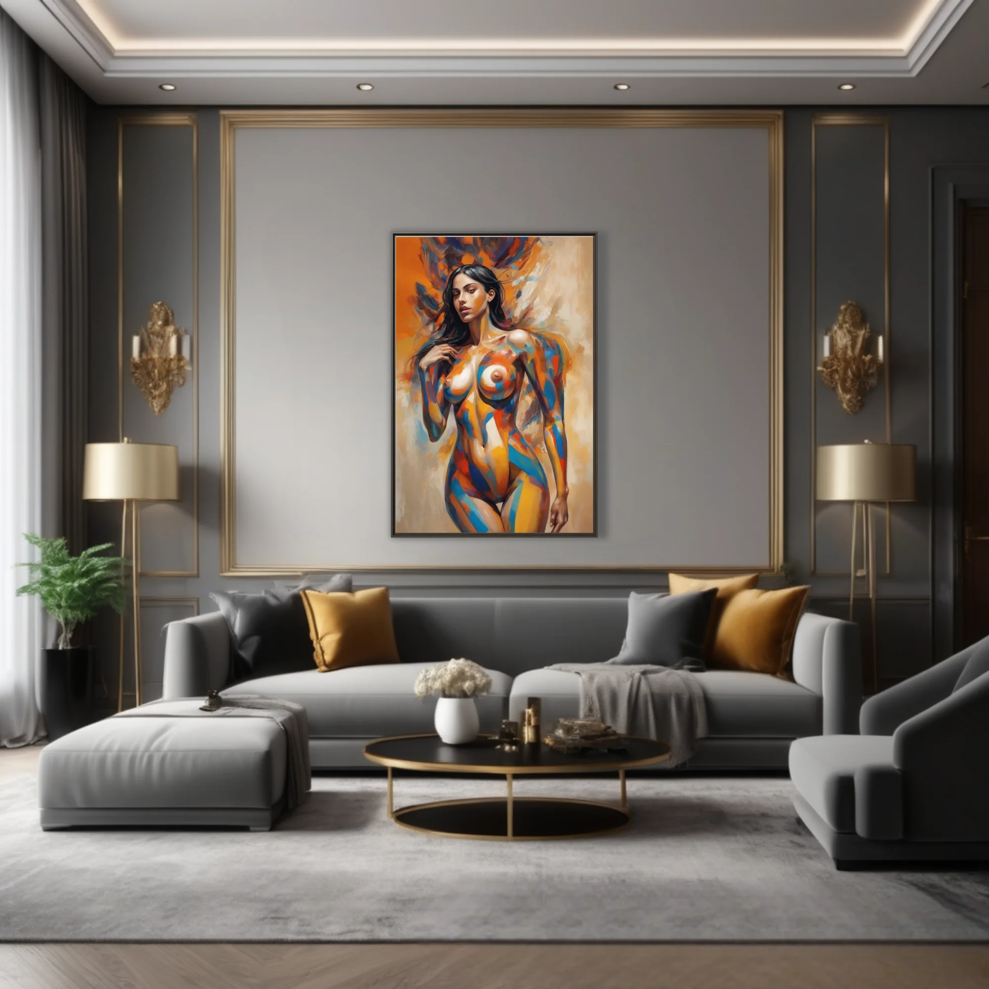 Expressive nude figure study in vivid orange, cobalt and ochre with bold painterly strokes