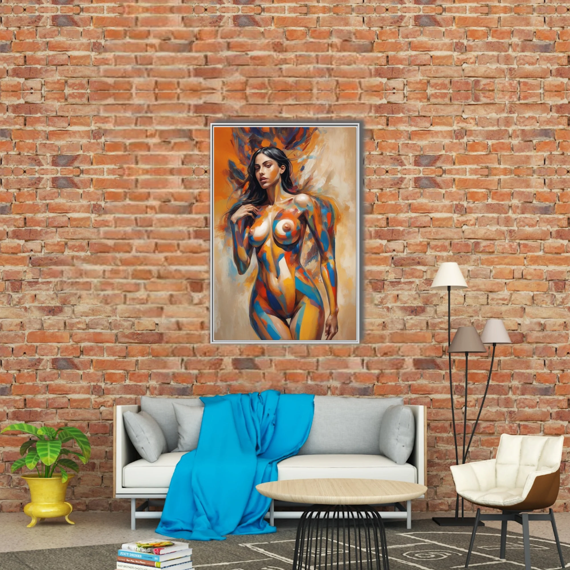 Expressive nude figure study in vivid orange, cobalt and ochre with bold painterly strokes