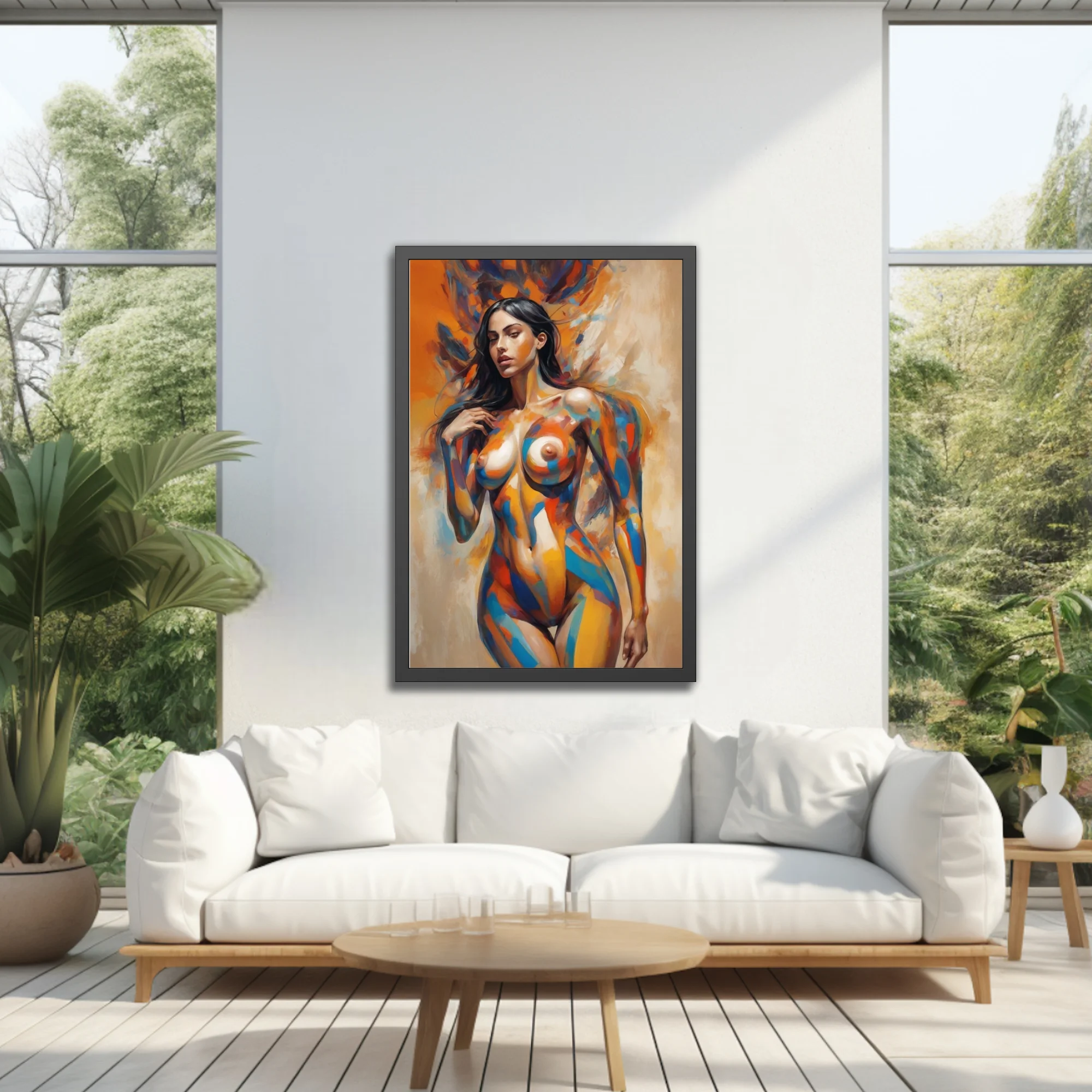Expressive nude figure study in vivid orange, cobalt and ochre with bold painterly strokes