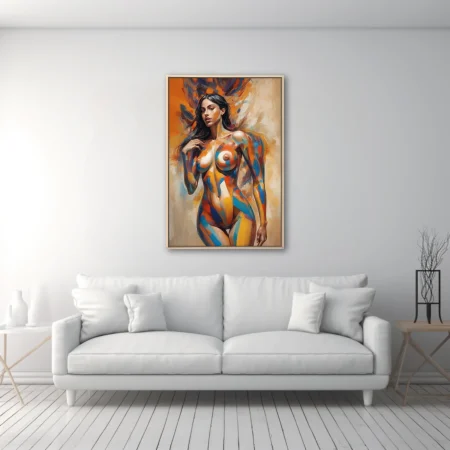 Expressive nude figure study in vivid orange, cobalt and ochre with bold painterly strokes