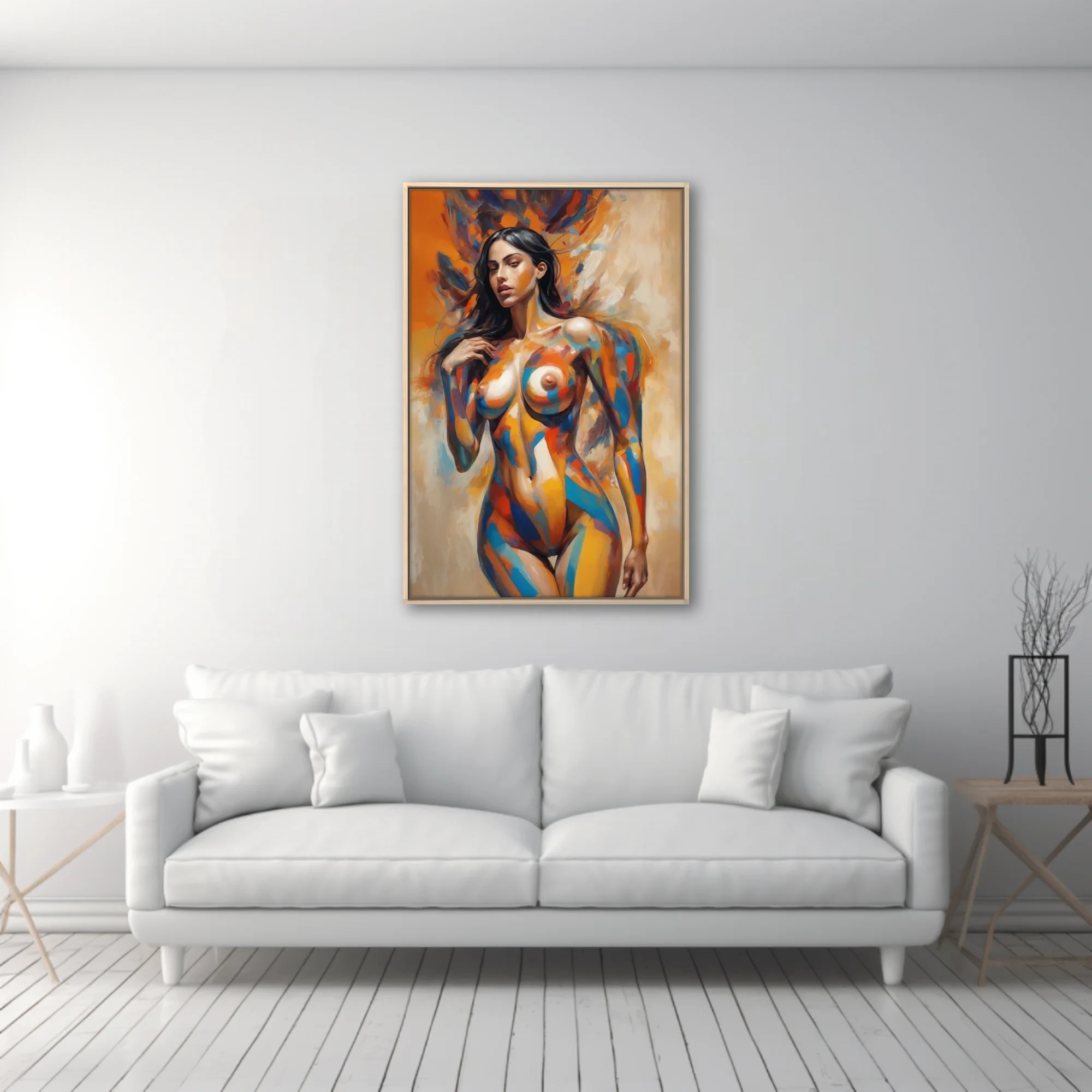 Expressive nude figure study in vivid orange, cobalt and ochre with bold painterly strokes