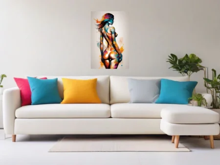 Colorful watercolor-style nude figure study in teal, magenta and ochre splashes on white