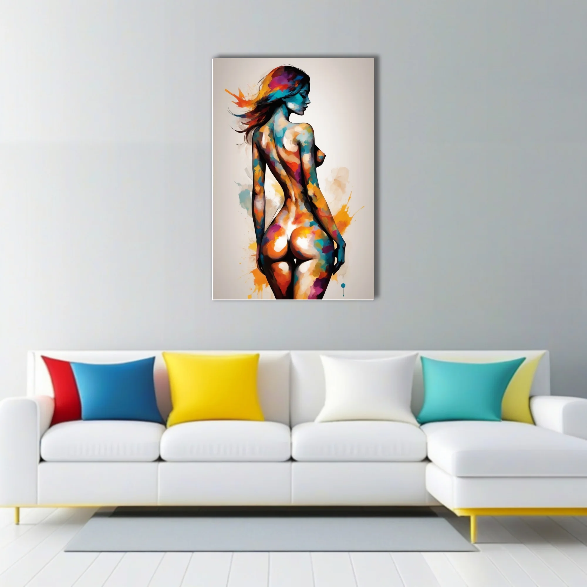Colorful watercolor-style nude figure study in teal, magenta and ochre splashes on white
