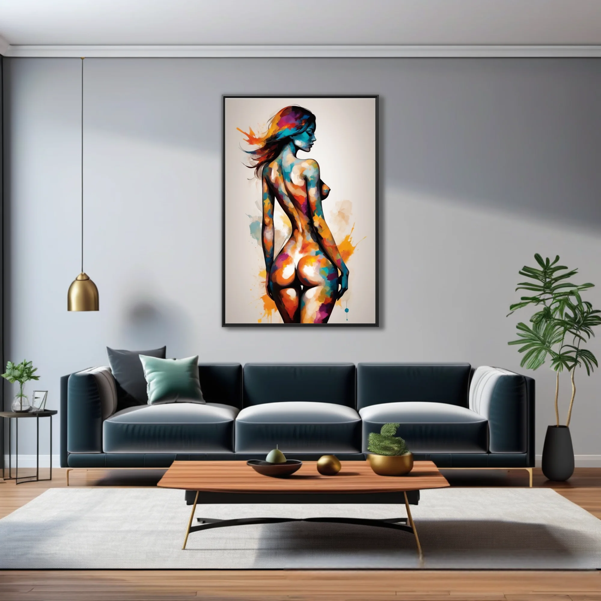 Colorful watercolor-style nude figure study in teal, magenta and ochre splashes on white