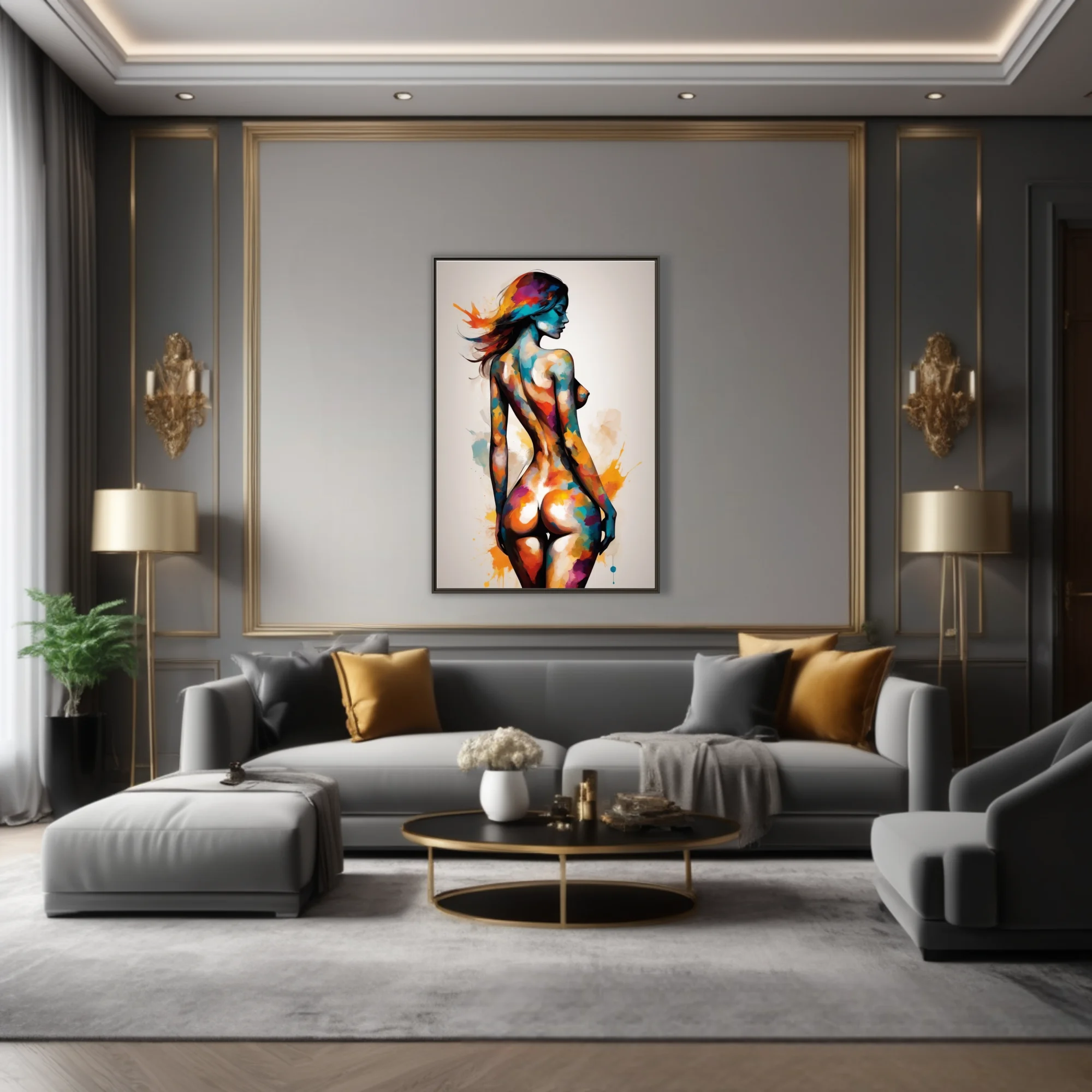 Colorful watercolor-style nude figure study in teal, magenta and ochre splashes on white