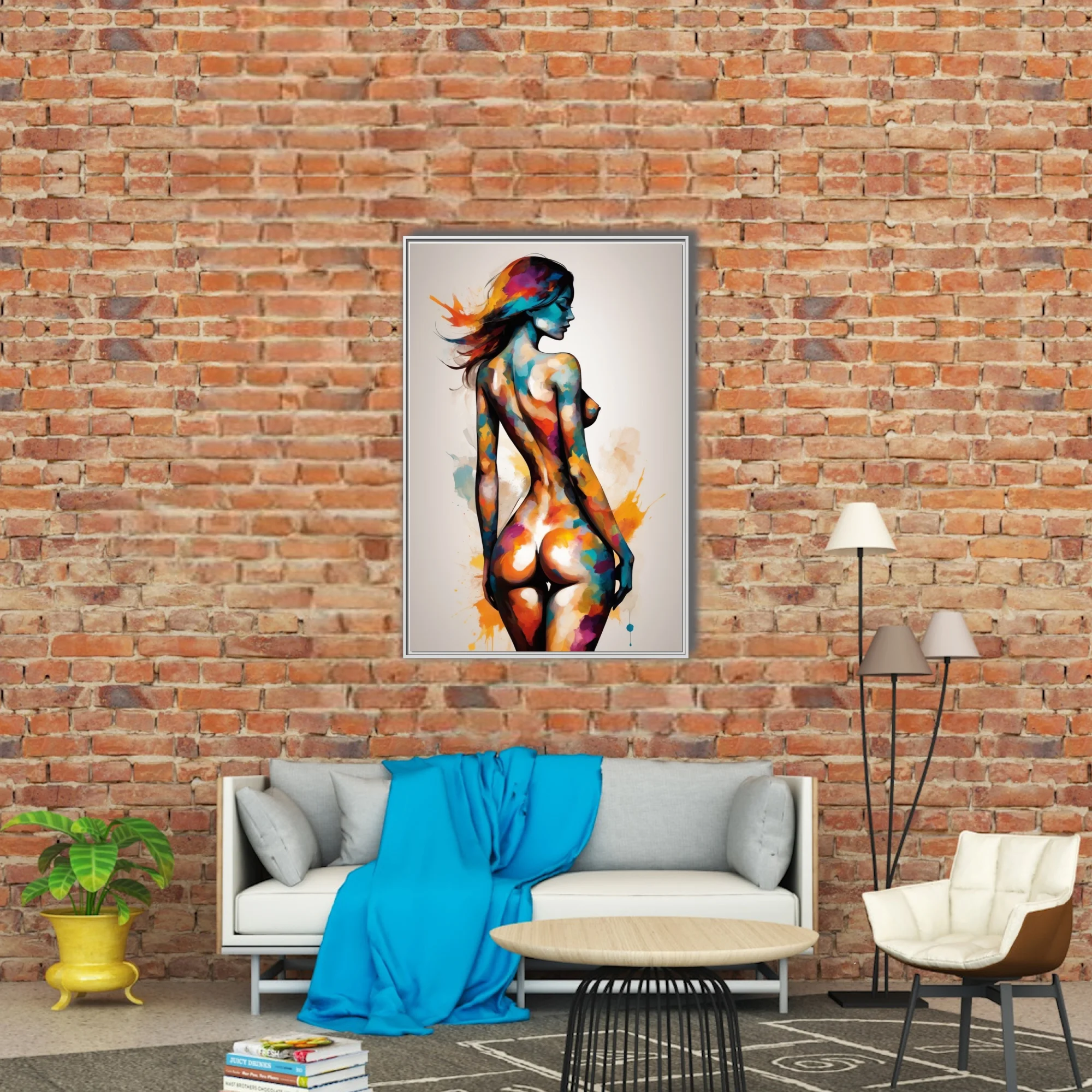 Colorful watercolor-style nude figure study in teal, magenta and ochre splashes on white