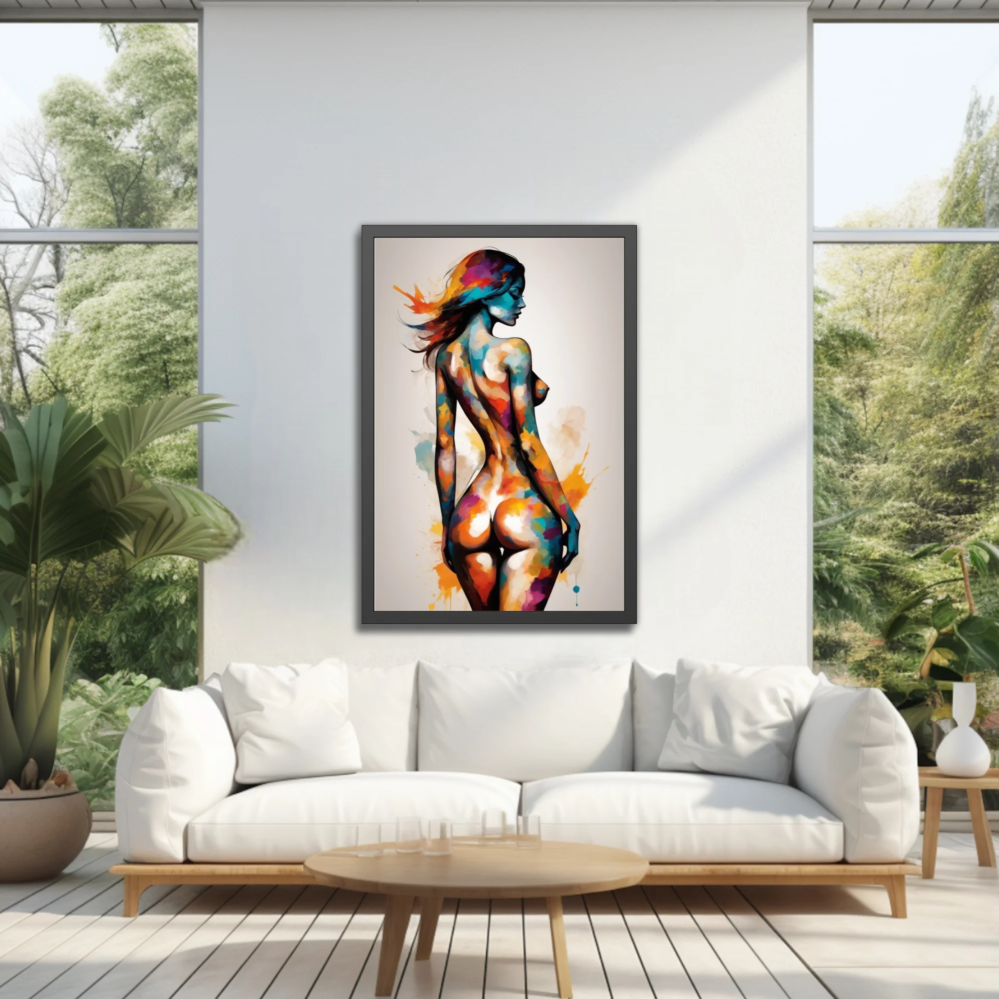 Colorful watercolor-style nude figure study in teal, magenta and ochre splashes on white