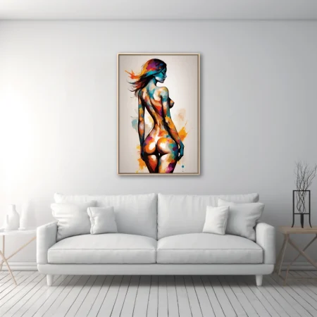 Colorful watercolor-style nude figure study in teal, magenta and ochre splashes on white